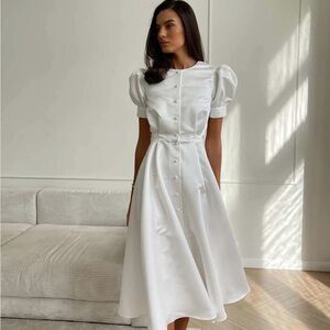 Post Meridiem Button Front Midi Dress White-Elegant White Puff Sleeve Dress